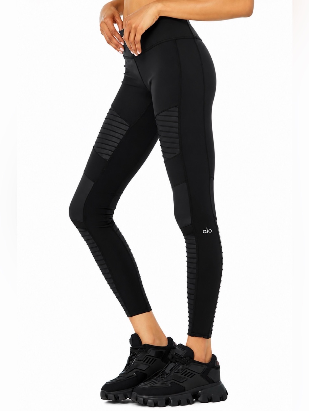 ALO Yoga Moto Leggings Black High Rise Ribbed Mesh Size Small